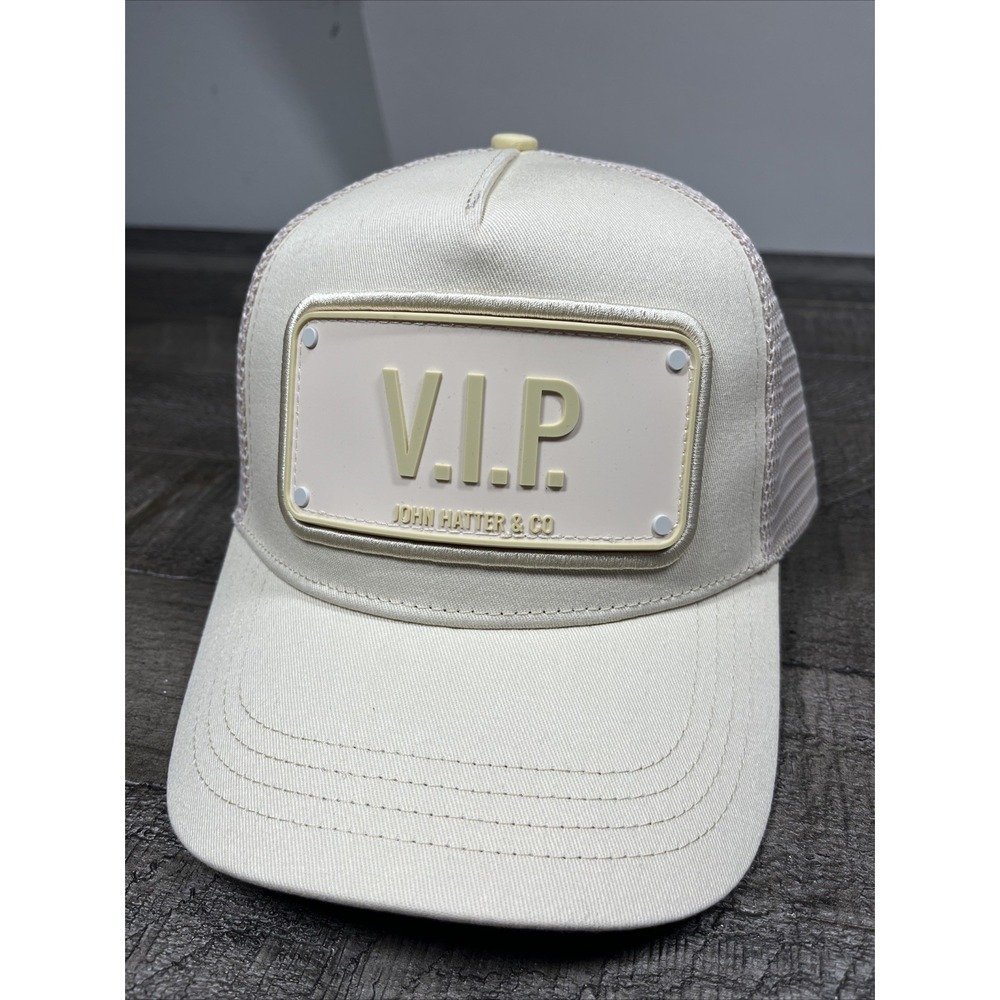 John Hatter & Co VIP Trucker Hat/Cap Rubber Plaque Plate Beige Snapback- New